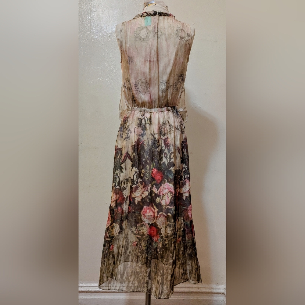 Queen Mulock Floral Silk Midi Rose Print Dress - Size S - Picture 2 of 14